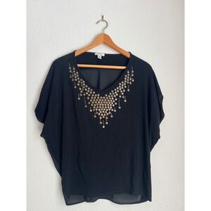 Cache Black Embellished‎ V Neck Batwing Sleeve Top Size Small Made In USA